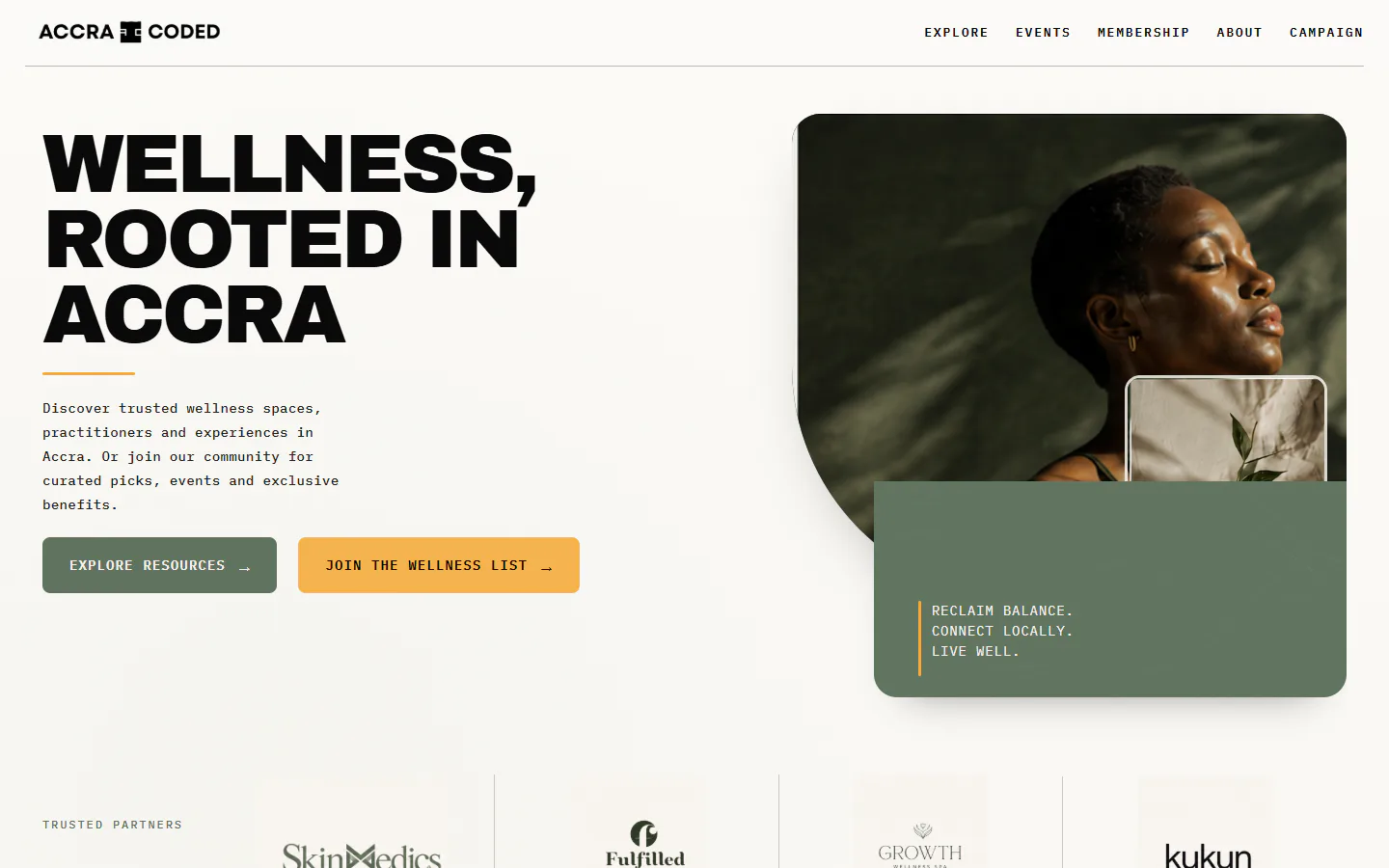 Accra Coded homepage with wellness messaging, resource actions, and editorial lifestyle imagery