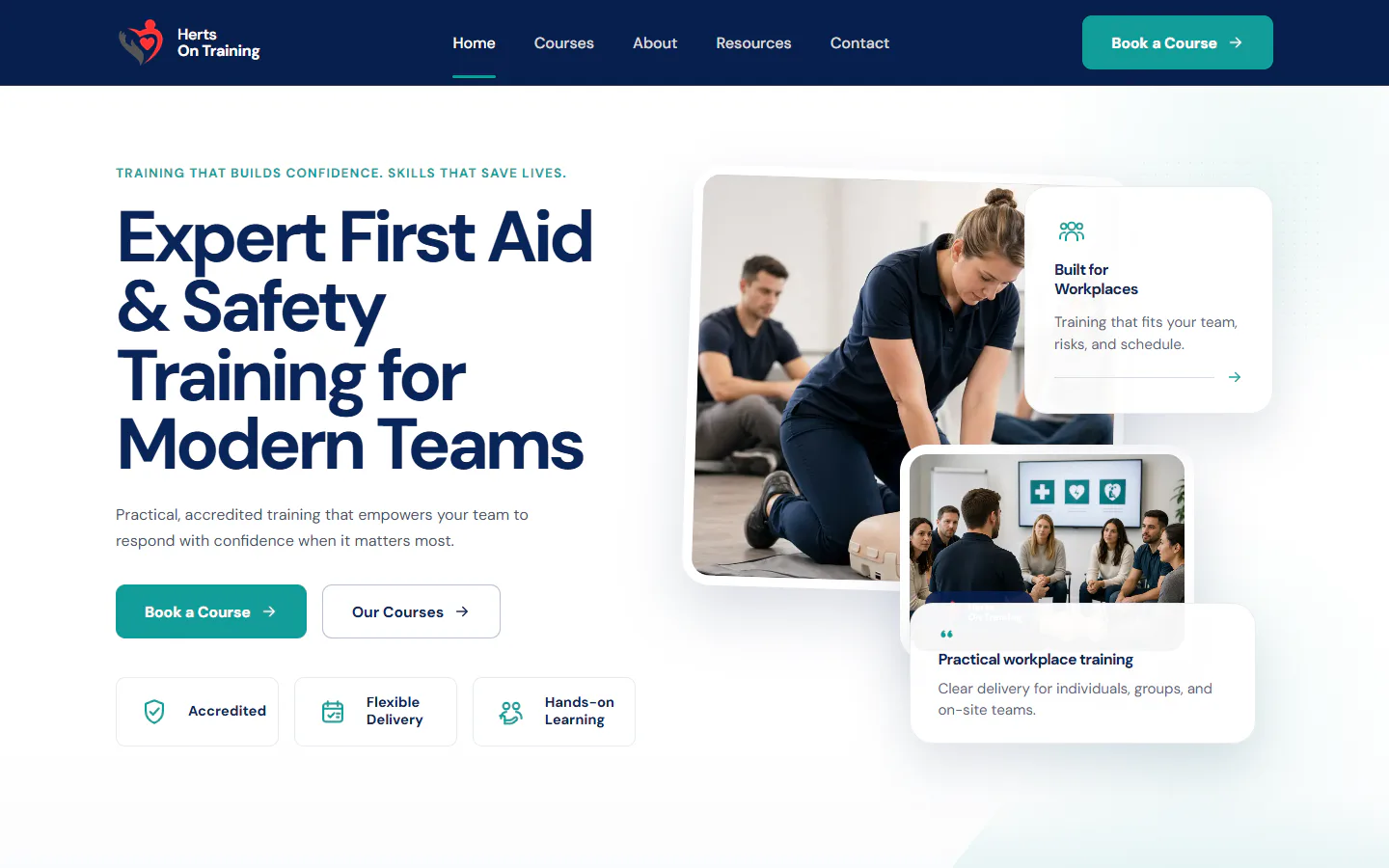 Herts On Training homepage with first-aid course messaging, booking actions, and workplace training imagery