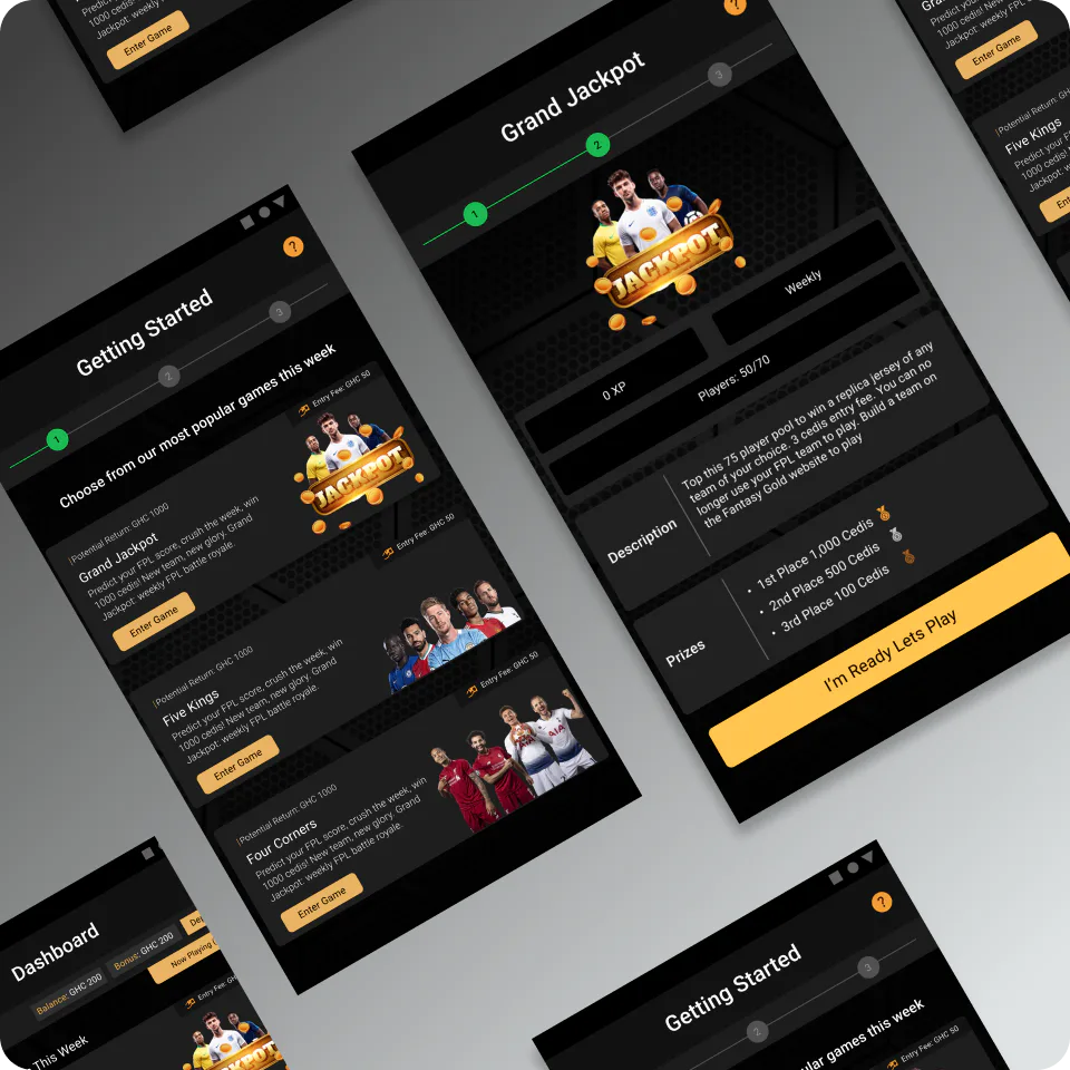Onboarding redesign mockups showing dark mobile and desktop screens for a multi-step sports game entry flow